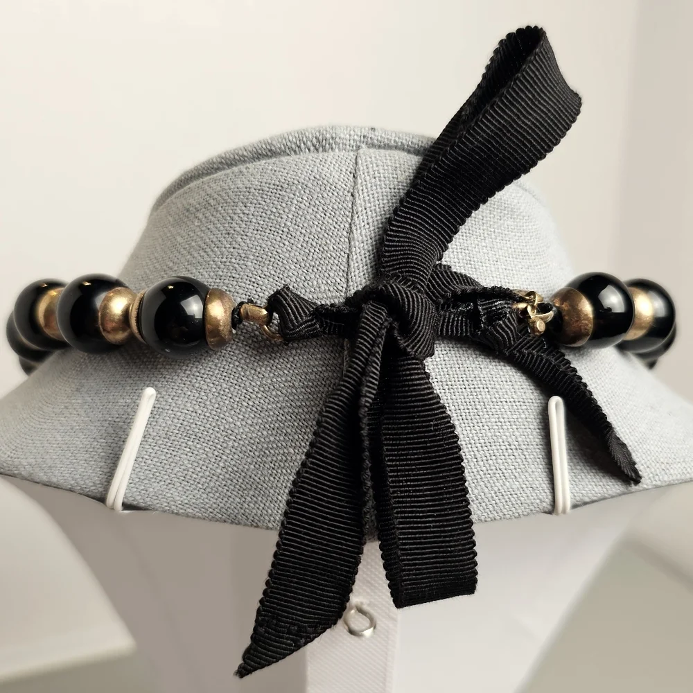 [J. CREW] Black & Gold ○● Beaded Statement Necklace with Cloth Tie